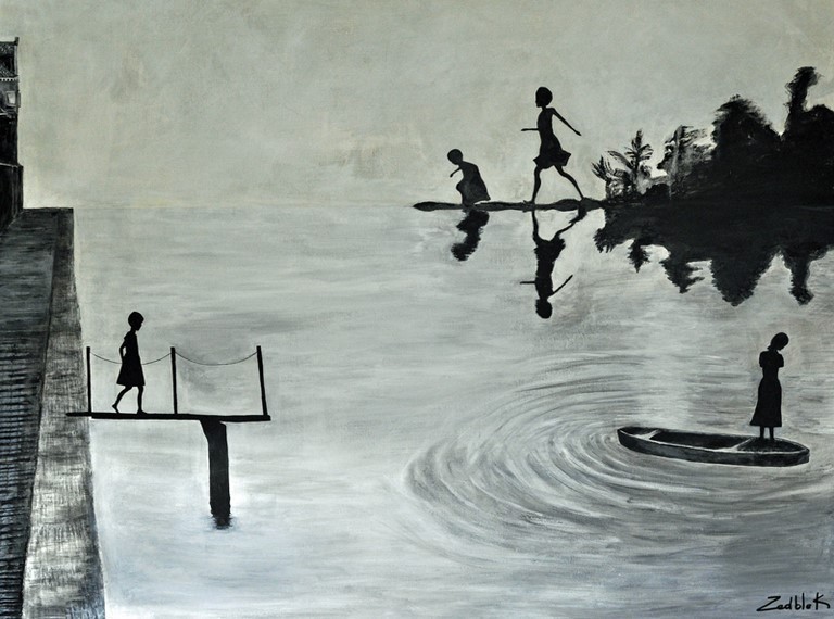 Peinture d'art de Zedblek artiste. Title : Au bord de l’eau. Contemporary painting. Peinture contemporaine en noir et blanc. figurative painting. Rêve et nostalgie au bord de l’eau.contemporary acrylic painting by painter Zedblek. Art contemporain à Paris. contemporary art in Paris. Zedblek painting