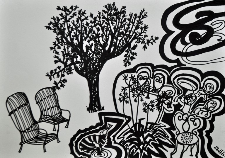 Dessin d'art de Zedblek artiste. Titre: Jardin d’été  Title: Summer garden. encre noire sur papier black ink on paper Dessin figuratif. Marqueurs noirs graffitis Molotow. Molotow graffiti black markers Dessins contemporain contemporary drawing By Zedblek. Art contemporain. Art galerie de Zedblek artiste. Art gallery by Zedblek artist dessinateur art dessinateur designer