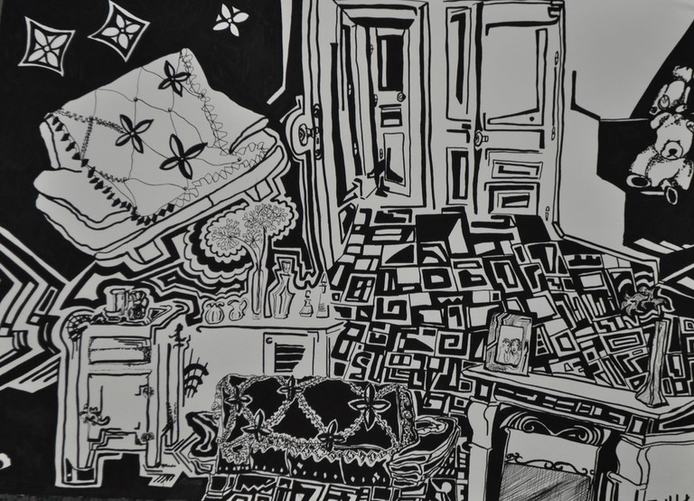 Dessin d'art de Zedblek artiste. Titre: La phénoménologie du canapé Title: The phenomenology of the sofa. encre noire sur papier black ink on paper Dessin figuratif. Marqueurs noirs graffitis Molotow. Molotow graffiti black markers Dessins contemporain contemporary drawing By Zedblek. Art contemporain. Art galerie de Zedblek artiste. Art gallery by Zedblek artist dessinateur art dessinateur designer