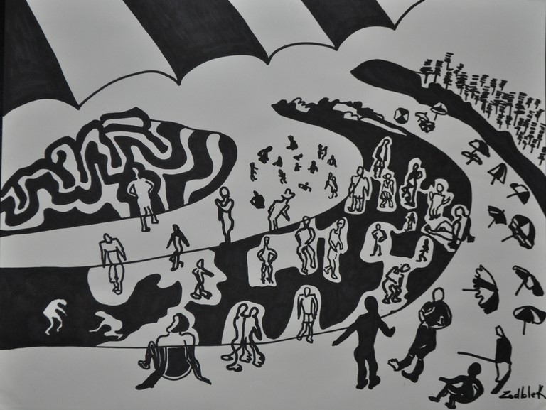 Dessin d'art de Zedblek artiste. Titre: La plage aux parasols Title: The beach with parasols. encre noire sur papier black ink on paper Dessin figuratif. Marqueurs noirs graffitis Molotow Molotow graffiti black markers Dessins contemporain contemporary drawing By Zedblek. Art contemporain. Art galerie de Zedblek artiste. Art gallery by Zedblek artist dessinateur art dessinateur designer