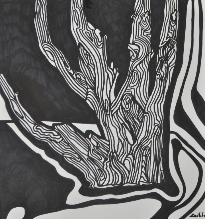 Dessin d'art de Zedblek artiste. Titre: L’arbre coupé  Title: The cut tree. encre noire sur papier black ink on paper Dessin figuratif. Marqueurs noirs graffitis Molotow. Molotow graffiti black markers Dessins contemporain contemporary drawing By Zedblek. Art contemporain. Art galerie de Zedblek artiste. Art gallery by Zedblek artist dessinateur art dessinateur designer