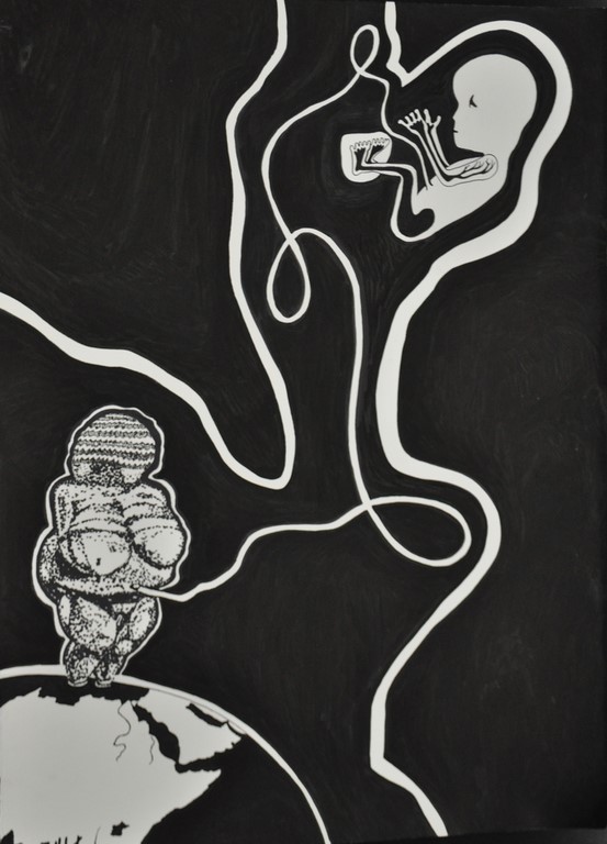 Dessin d'art de Zedblek artiste. Titre: Terra Mater. Vénus de Willendorf Venus paléolithique encre noire sur papier black ink on paper Dessin figuratif. Marqueurs noirs graffitis Molotow. Molotow graffiti black markers Dessins contemporain contemporary drawing By Zedblek. Art contemporain. Art galerie de Zedblek artiste. Art gallery by Zedblek artist dessinateur art dessinateur designer