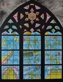 Peinture d'art de Zedblek. Title : Contemporary archeology. Titre : Archéologie contemporaine. Peinture d’un vitrail d’eglise avec des pictos. Painting of a church window with pictograms figurative painting. contemporary acrylic painting by painter Zedblek.Art contemporain à Paris. contemporary art in Paris. Zedblek painting