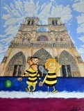 Peinture d'art de Zedblek. Title : Just Married. Peinture contemporaine du mariage de Joe Dalton et de Maya l'abeille à Notre Dame de Paris. Contemporary painting of the wedding of Joe Dalton and Maya the bee at Notre Dame de Paris figurative painting. Bande dessinée comic contemporary acrylic painting by painter Zedblek.Art contemporain à Paris. contemporary art in Paris. Zedblek painting