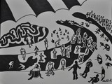 Dessin d'art de Zedblek artiste. Titre: La plage aux parasols Title: The beach with parasols. encre noire sur papier black ink on paper Dessin figuratif. Marqueurs noirs graffitis Molotow Molotow graffiti black markers Dessins contemporain contemporary drawing By Zedblek. Art contemporain. Art galerie de Zedblek artiste. Art gallery by Zedblek artist dessinateur art dessinateur designer