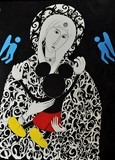 Dessin d'art de Zedblek artiste. Titre: Le quart d’heure de câlin  Title: The quarter of an hour of cuddling. Andy Warhol Icône Pietà Vierge Marie Virgin mary icon Sainte Marie Mickey Mouse encre noire sur papier black ink on paper Dessin figuratif. Dessins contemporain contemporary drawing By Zedblek. Art contemporain. Art galerie de Zedblek artiste. Art gallery by Zedblek artist dessinateur art dessinateur designer