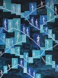 Peinture d'art de Zedblek. Title : Picto descending a staircase Titre : Picto descendant un escalier. Contemporary painting. Peinture contemporaine. Hommage à Marcel Duchamp, au "Nu descendant un escalier" figurative painting. contemporary acrylic painting by painter Zedblek.Art contemporain à Paris. contemporary art in Paris.Zedblek painting