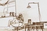 Photographie d'art de Zedblek artiste. Titre: « Sweet home ». Portrait d’une femme assise en train de lire à l’intérieur. Portrait of a woman sitting reading indoors. Dessin drawing Beaux-arts fine art. Photo photographie couleur color photograph. Œuvre d’art Art contemporain. Art galerie de Zedblek artiste. Art gallery by Zedblek artist : photographe peintre painter photograph